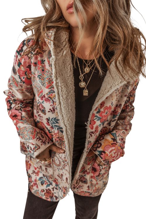 Women's Beige Vintage Paisley Floral Printed Sherpa Lined Hooded Jacket