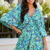 Chic Green Abstract Print Puff Sleeve V Neck High Waist Romper for Women - Image 9