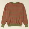 Women's Brown Stripe Trimmed Round Neck Drop Shoulder Loose Sweater - Image 7