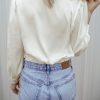 Women's White Twisted Elastic Hem V Neck Crop Blouse - Image 2