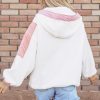 Women's Oversized White Colorblock Patchwork Sherpa Hoodie with Half Zip - Image 2