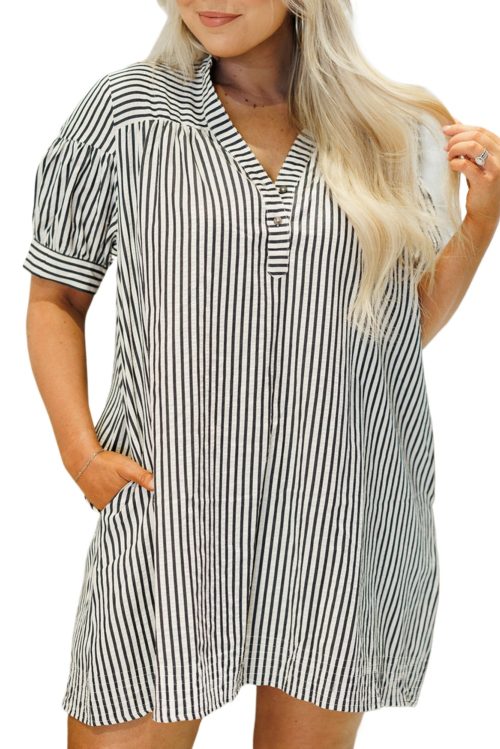 Plus Size Black Stripe Short Sleeve Buttoned V Neck Mini Dress with Pockets