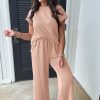 Women's Smoke Gray Solid Corded Knit Short Sleeve T-Shirt and Wide Leg Pants Set - Image 3