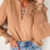 Women's Elegant Straw Yellow Solid Color Shirred Cuff Notch V Neck Blouse - Image 2