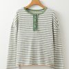 Women's Green Stripe Textured Frilly Trim Henley Long Sleeve Top - Image 3