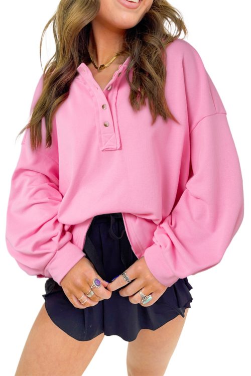 Women's Sachet Pink Loose Fit Solid Color Buttoned Neckline Sweatshirt