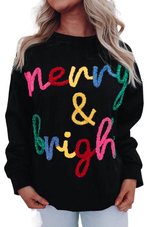 Women's Black Merry & Bright Tinsel Graphic Sweater