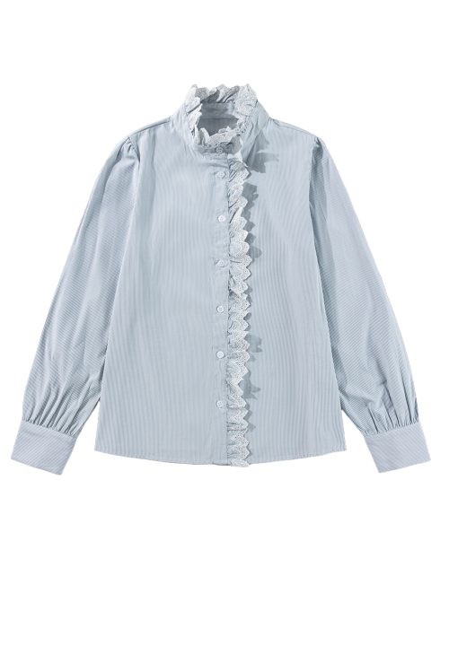 Women's Sky Blue Stripe Frilled Trim Button Up Long Sleeve Shirt