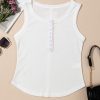 Women's White Solid Color Waffle Knit Half Button Sleeveless Tank Top - Image 3