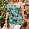 Plus Size Green Floral Smocked Bodice Babydoll Blouse with Puff Short Sleeves - Image 4