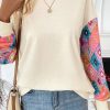 Women's Apricot Geometric Printed Patchwork Long Sleeve Round Neck Top - Image 4