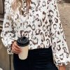 Women's Khaki Leopard Print Balloon Sleeve Blouse with Split Neck - Image 4