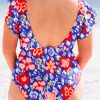 Chic Blue Floral Print Ruffled V Neck High Waist One Piece Swimwear for Women - Image 10