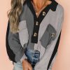 Women's Oversized Gray Colorblock Ribbed Collared Sweatshirt - Image 3