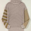 Women's Smoke Gray Striped Plaid Patchwork Waffle Knit Turtleneck Sweater - Image 7