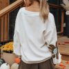 Women's White Floral Pattern V Neck Drop Shoulder Long Sleeve Sweater - Image 3