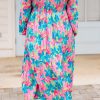 Plus Size Sky Blue Floral Allover Print Shirred Square Neck Maxi Dress - Image 4