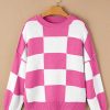 Women's Elegant Rose Stripe Checkered Bishop Sleeve Sweater - Luxuriously Soft Fabric - Image 4