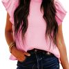 Women's Elegant Pink Textured Ruffle Short Sleeve Pullover Top - Image 7