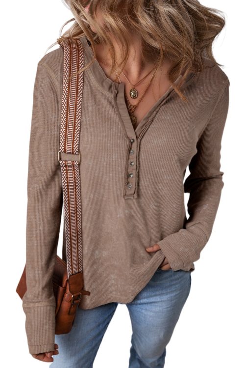 Women's Coffee Acid Wash Waffle Knit Button Neck Long Sleeve Top