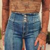 Women's Sail Blue High Waist Button Fly Flare Jeans with Raw Hem - Image 7