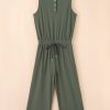 Women's Vineyard Green Buttoned Drawstring Waist Sleeveless Wide Leg Jumpsuit - Image 13