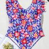 Chic Blue Floral Print Ruffled V Neck High Waist One Piece Swimwear for Women - Image 12