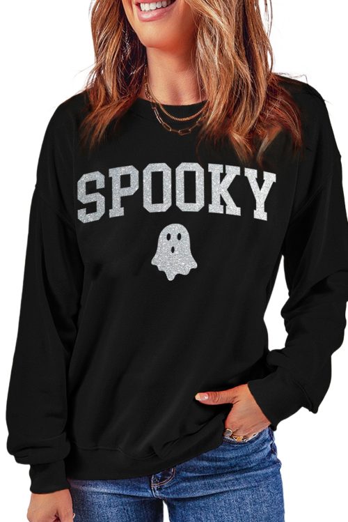Women's Spooky Black Crew Neck Halloween Ghost Print Sweatshirt