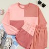 Peach Blossom Colorblock Patchwork Long Sleeve Short Set for Women - Image 7