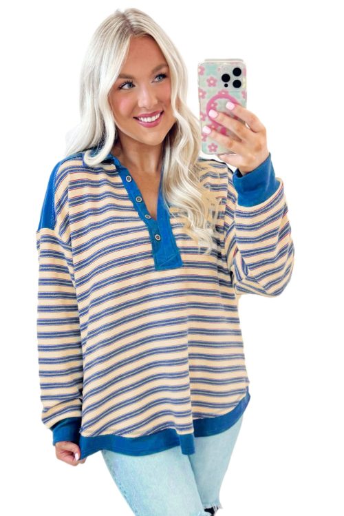 Women's Blue Stripe Buttoned V Neck Collared Drop Shoulder Long Sleeve Top