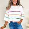 Women's White Colorblock Striped Half Sleeve Drop Shoulder Sweater - Image 5