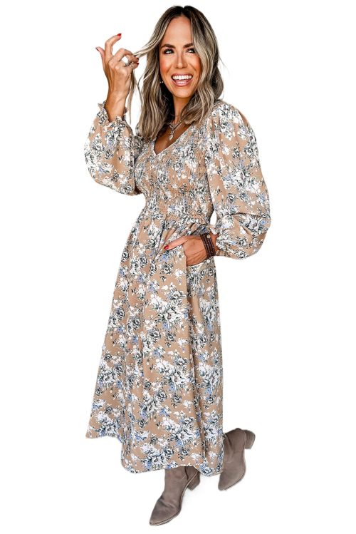 Women's Khaki Floral Smocked Puff Sleeve Maxi Dress - Timeless Elegance