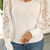 Plus Size Apricot Contrast Floral Guipure Lace Lantern Sleeve Blouse for Women - Image 6