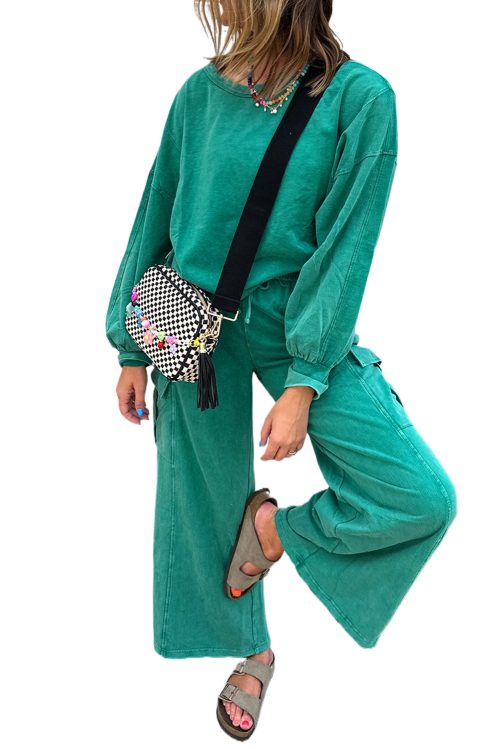 Women's Lapis Solid Color Mineral Wash Pullover Top and Cargo Pants Set