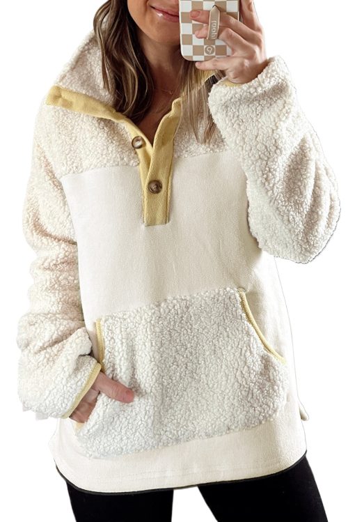 Women's Cozy Beige Fleece Colorblock Trim Sweatshirt with Buttons and Pocket