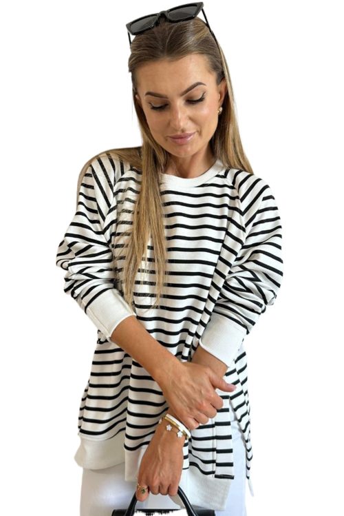 Women's Black Stripe Raglan Sleeve Loose Fit Sweatshirt with Side Slits