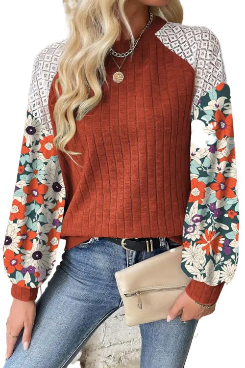 Women's Cinnamon Floral Patchwork Long Sleeve Ribbed Blouse