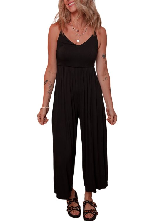 Women's Black Spaghetti Straps Open Back Pleated Wide Leg Jumpsuit - Casual Summer Fashion