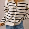 Women's Classic Black Stripe Flap Pocket Buttoned Cardigan Sweater - Image 3