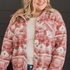 Plus Size Women's Pink Aztec Print Shacket with Chest Pockets - Image 3