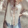 Women's Beige Floral Embroidered Textured Puff Sleeve Loose Shirt - Image 10