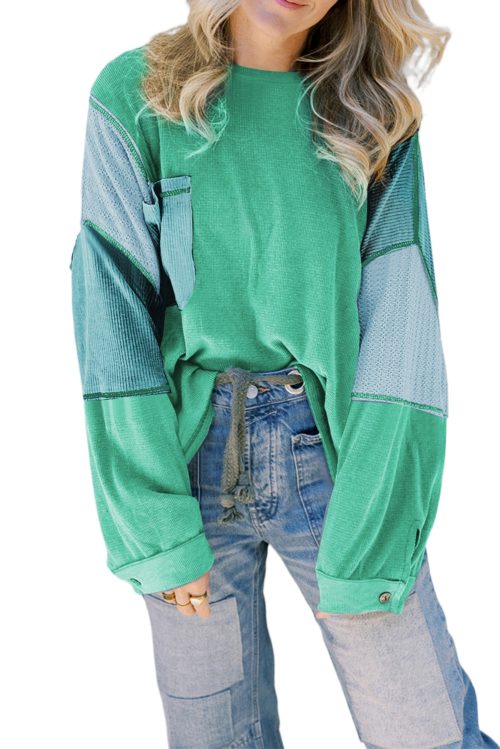 Women's Colorblock Stitching Patchwork Green Buttoned Long Sleeve Top