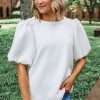 Women's White Solid Textured Puff Sleeve Blouse - Chic and Elegant O Neck Top - Image 5