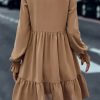 Women's Light French Beige Frilled Collar Ruffled Shoulder Mini Dress - Image 3