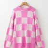 Women's Pink Checkerboard Half Button Collared Drop Shoulder Sweater - Image 7