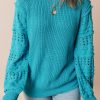 Women's Turquoise Ruffled Eyelet Bubble Sleeve Knit Sweater - Image 3