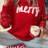 Women's Racing Red Merry Graphic Christmas Turtleneck Sweater with Sequin Sleeves - Image 4