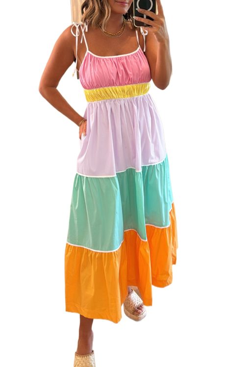 Women's Multicolor Colorblock High Waist Flowing Maxi Dress with Pockets