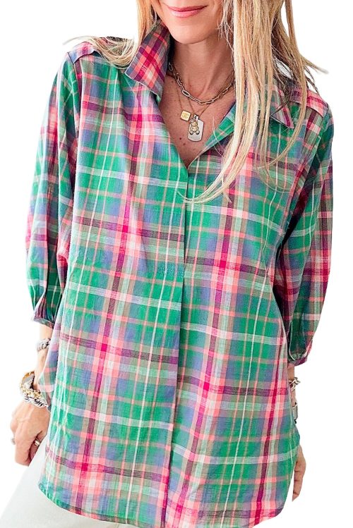 Women's Green Plaid 3/4 Sleeve Collared Loose Fit Shirt