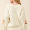 Women's Beige Cable Knit Pumpkin Raw Hem V Neck Sweater - Image 2